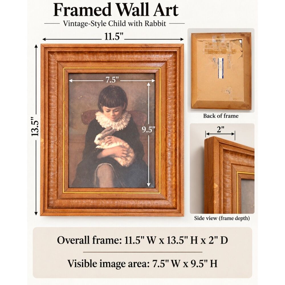 Vintage “Child With Rabbit” by Eastman Reproduction Framed Art – Wood Frame